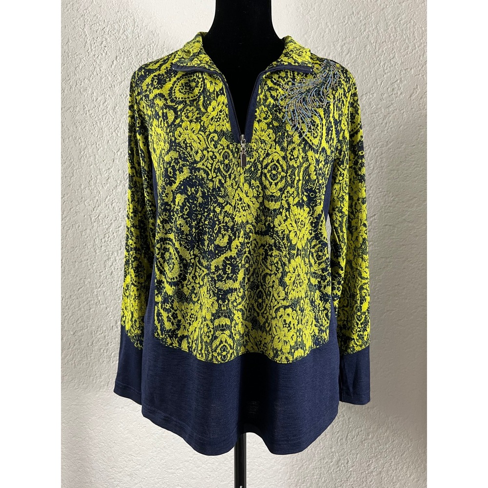 Chartreuse Yellow Navy Paisley Damask Quarter Zip Rhinestone Embellished Top